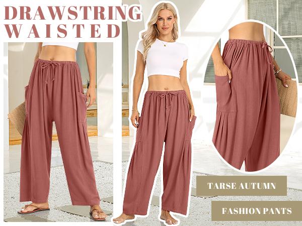TARSE Womens Linen Wide Leg Pants Oversize Casual Loose Fit Beach Palazzo Harem Pants with Pockets Vacation summer fall outfits FallFreshness  Style