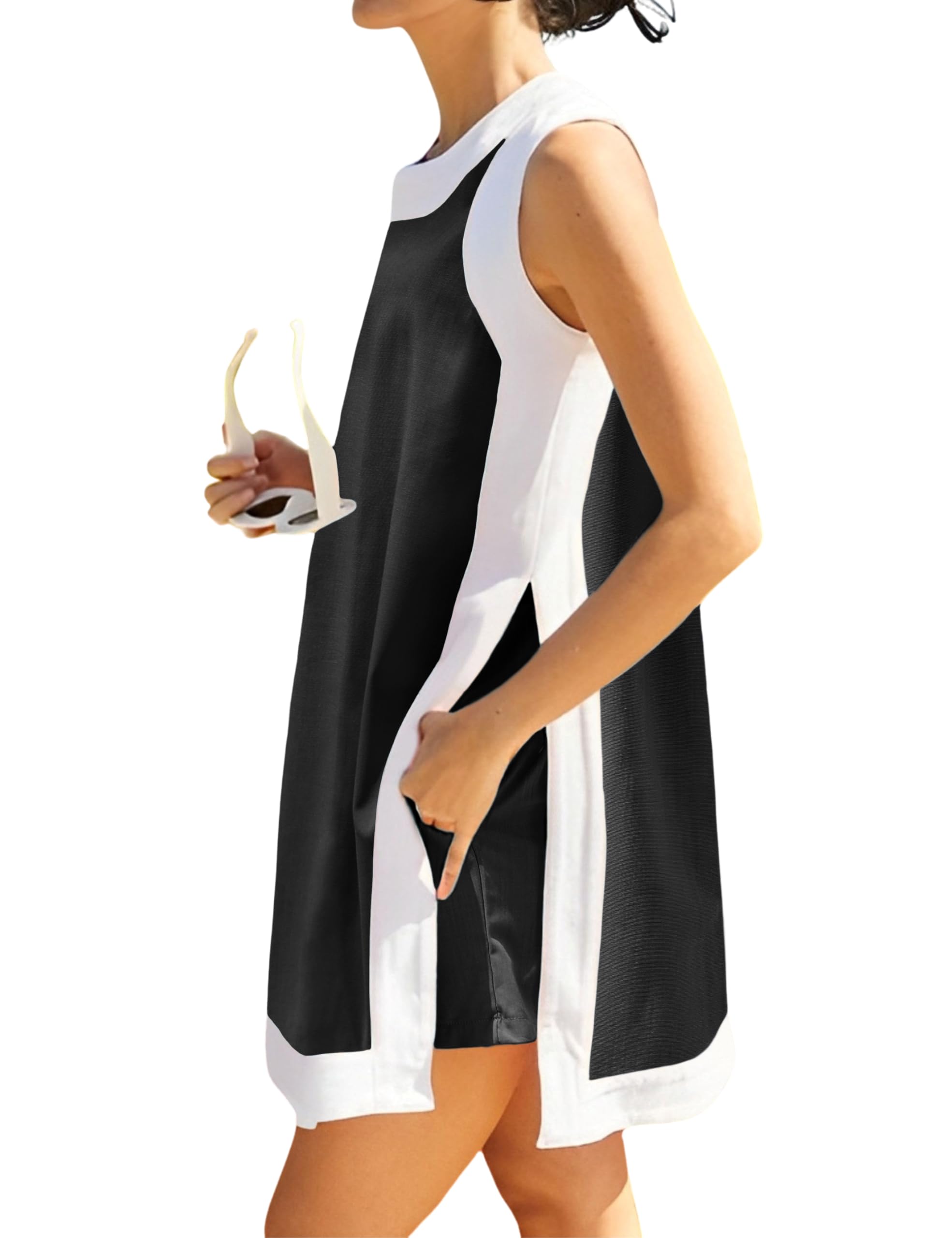 ⏰Hot Sale-Women's Casual Color Block Sleeveless Tops Matching Shorts with Pockets