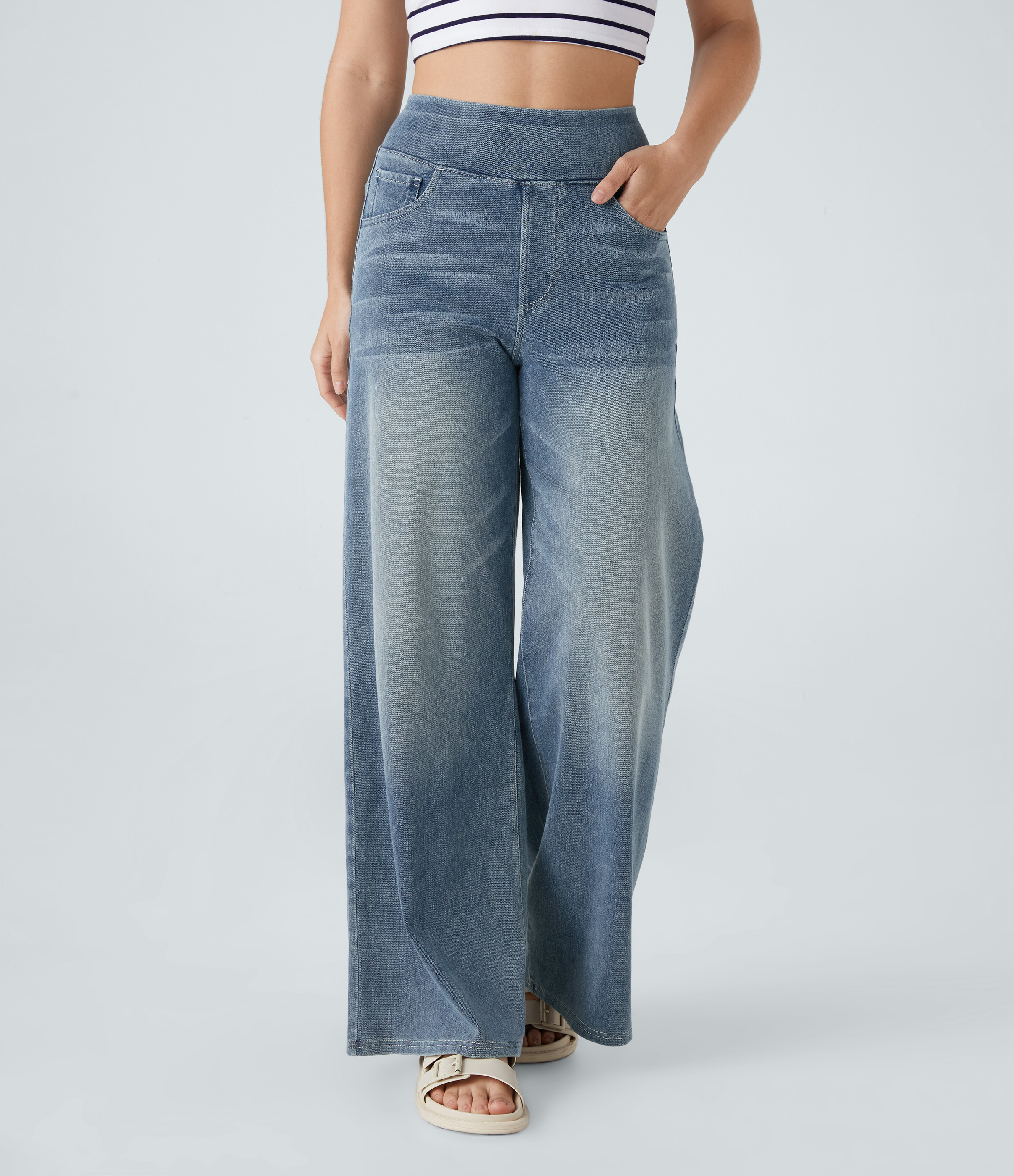High Waisted Multiple Pockets Wide Leg Washed Stretchy Knit Casual Jeans