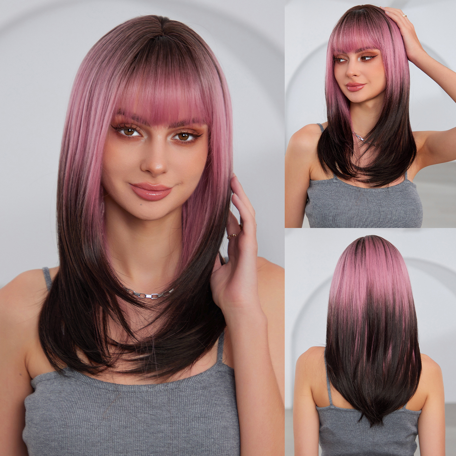 Ombre Pink Straight Synthetic Hair Wigs