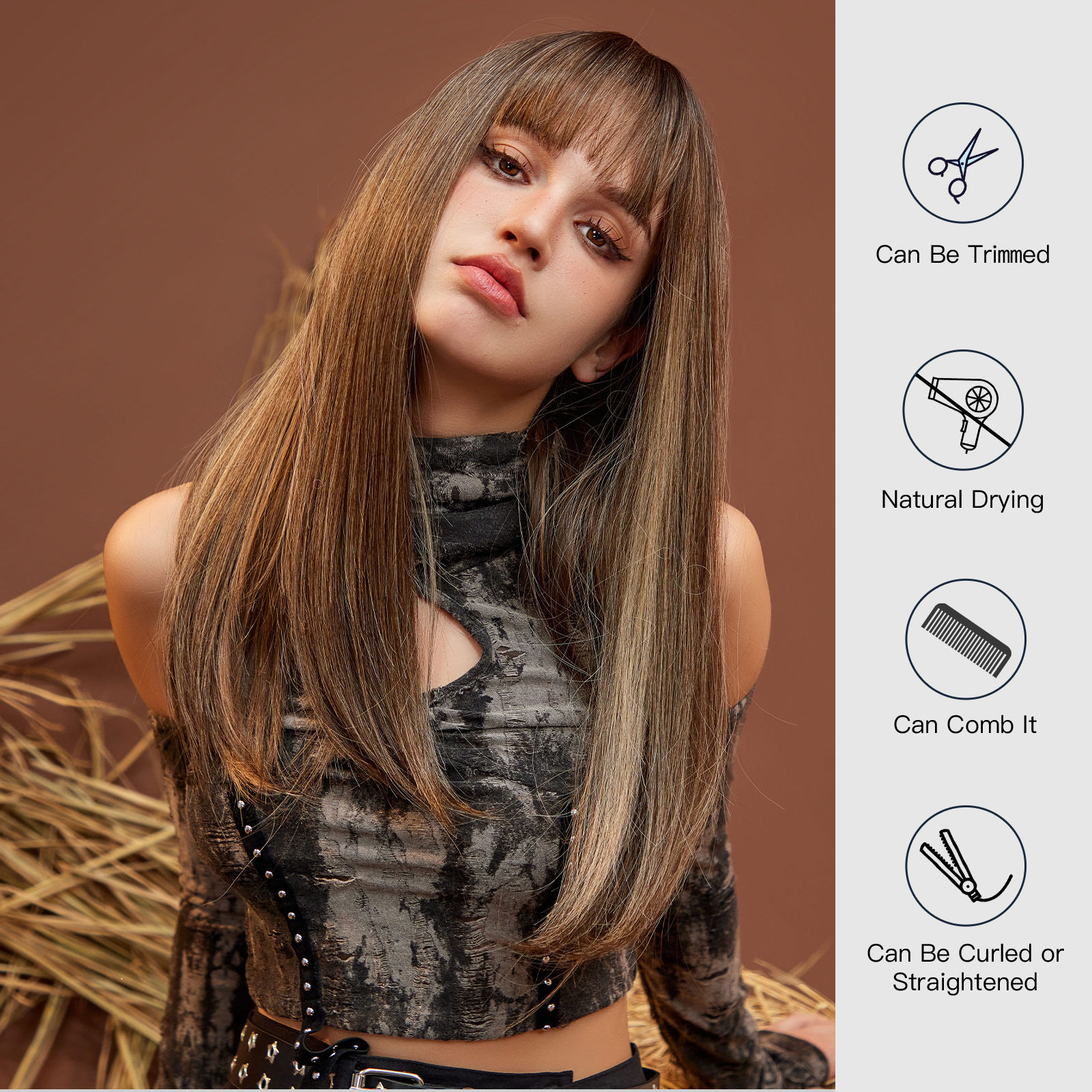 Ombre Brown Long Straight Synthetic Wig