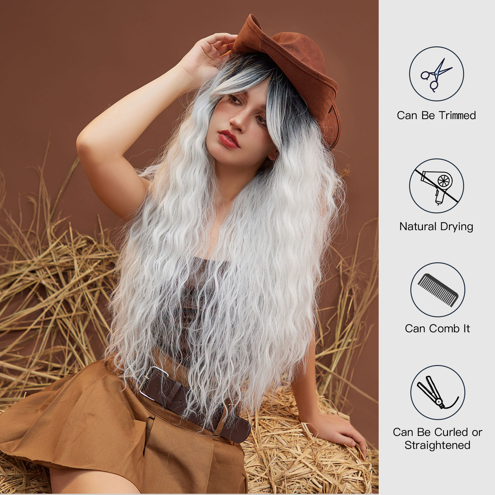 Ombre Grey White Curly Synthetic Wig