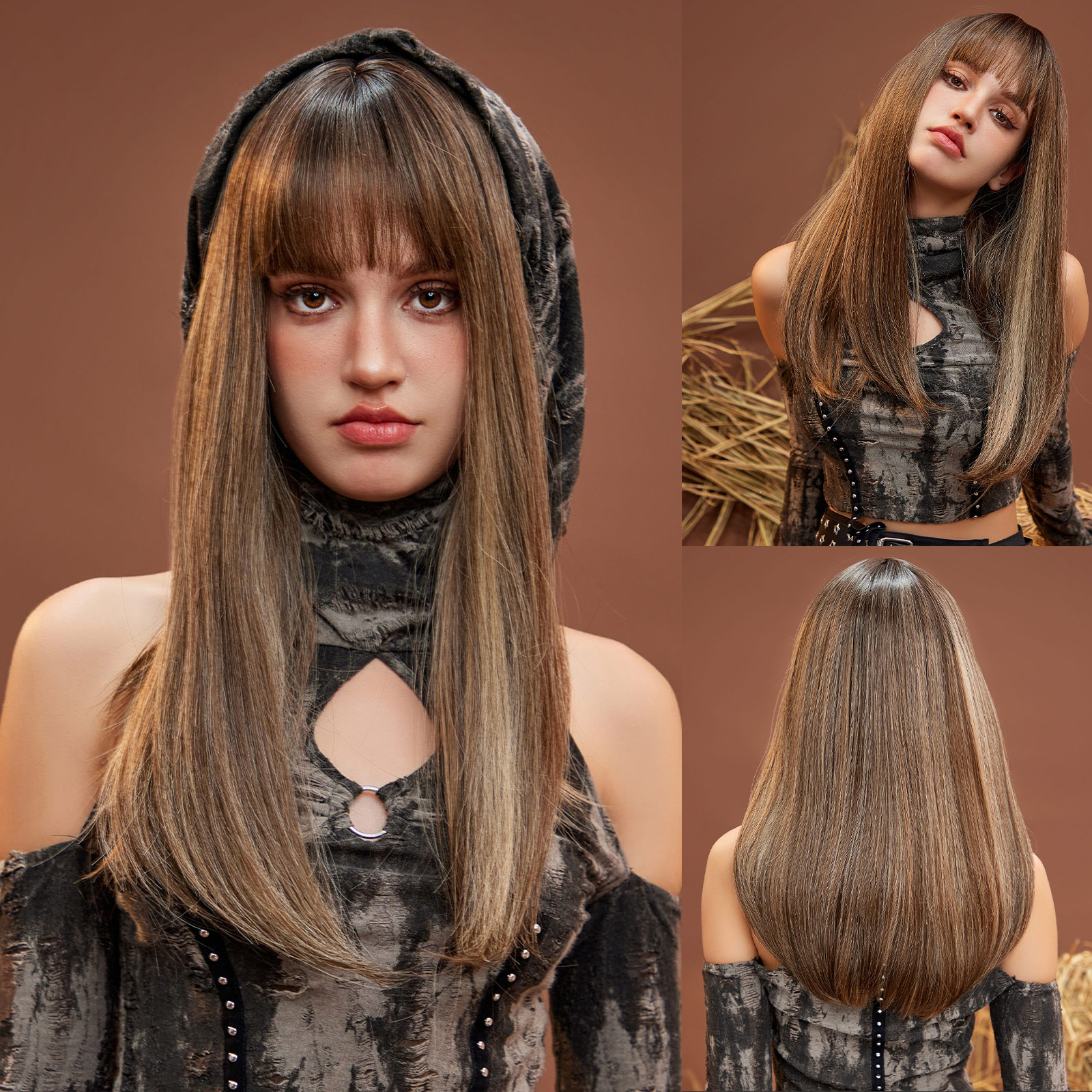 Ombre Brown Long Straight Synthetic Wig