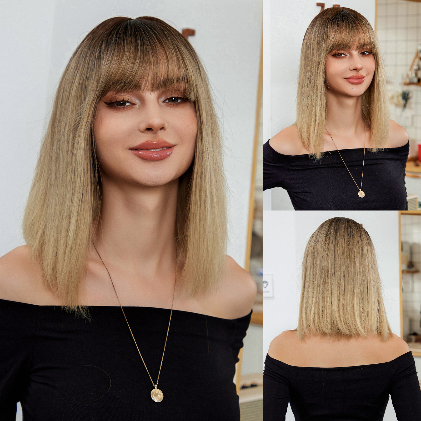 Ombre Blonde Brown Straight Synthetic Wig