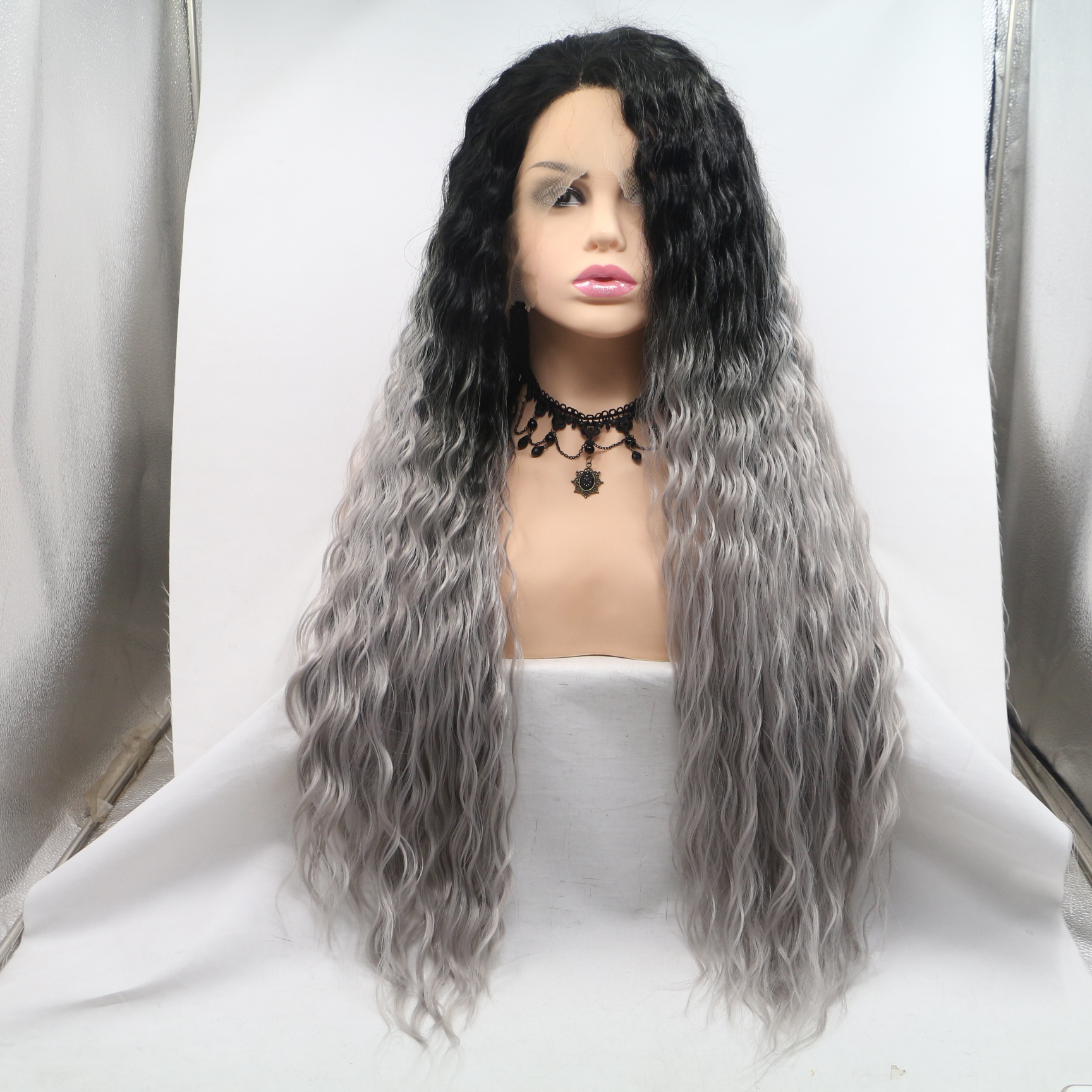 Ombre Grey Long curly Synthetic Front Lace Wig
