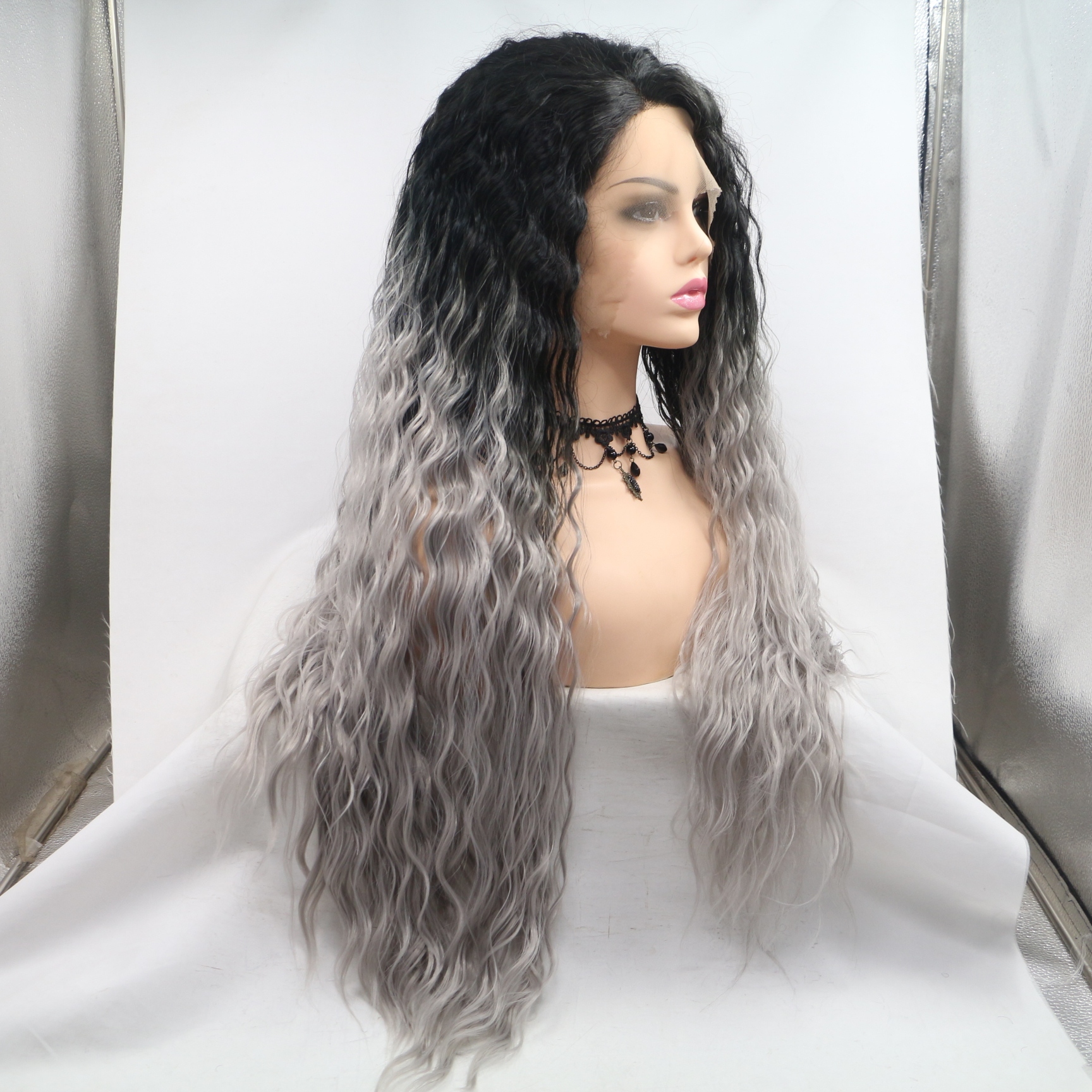 Ombre Grey Long curly Synthetic Front Lace Wig