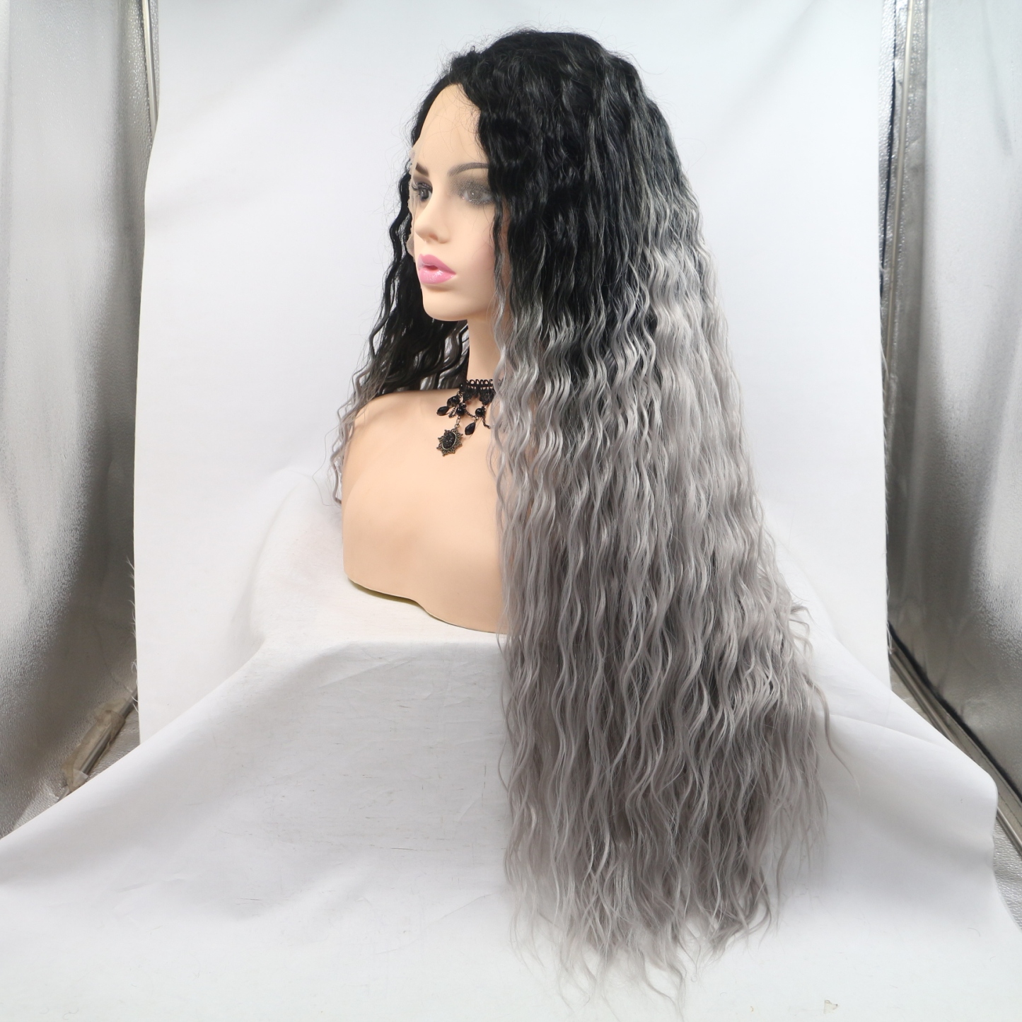 Ombre Grey Long curly Synthetic Front Lace Wig