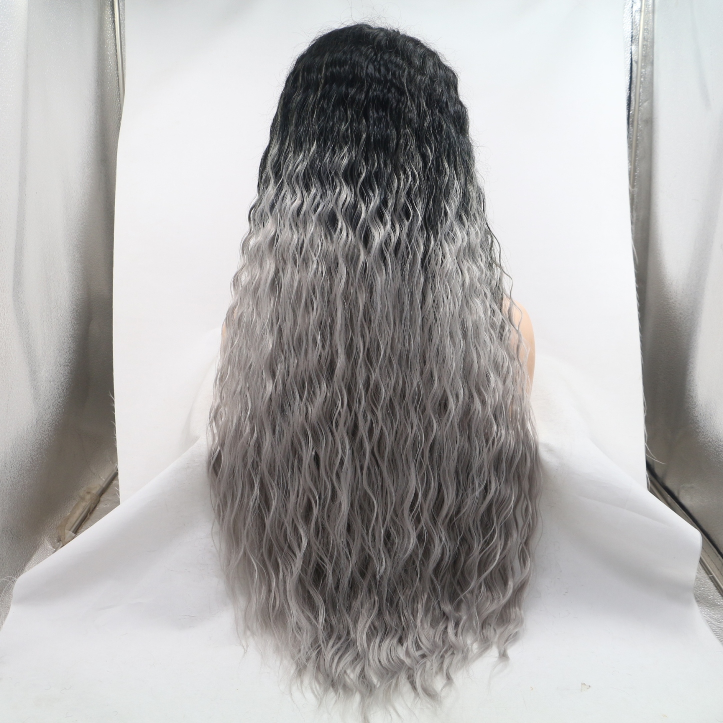 Ombre Grey Long curly Synthetic Front Lace Wig