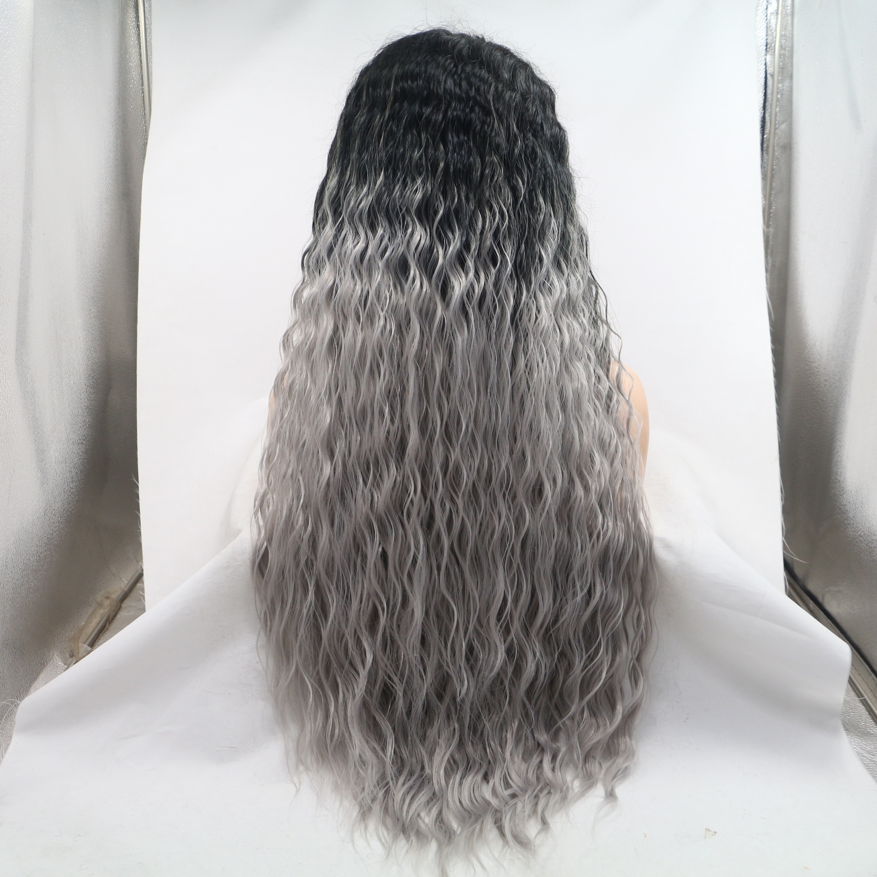 Ombre Grey Long curly Synthetic Front Lace Wig