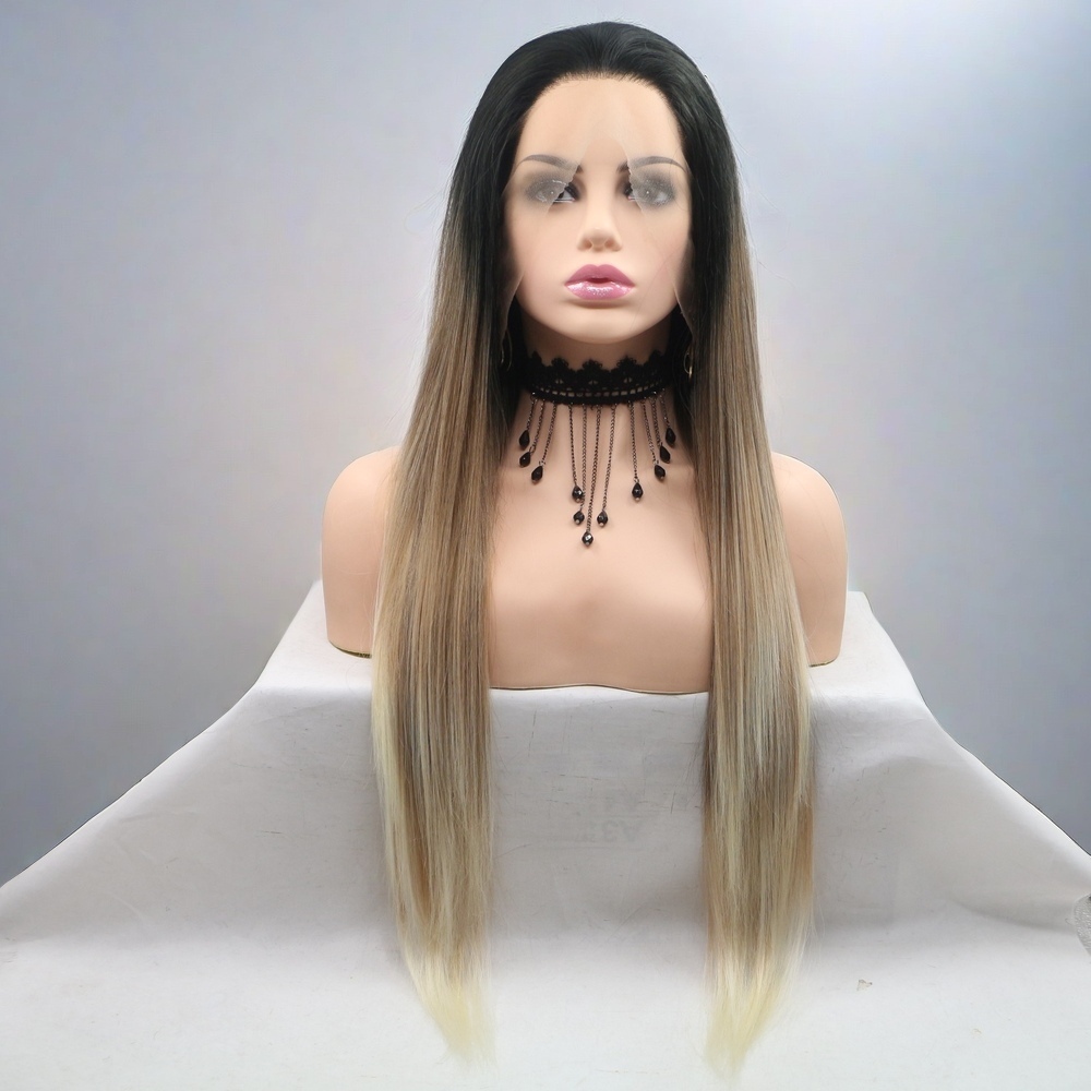 Ombre Brown Long Straight Synthetic Front Lace Wig