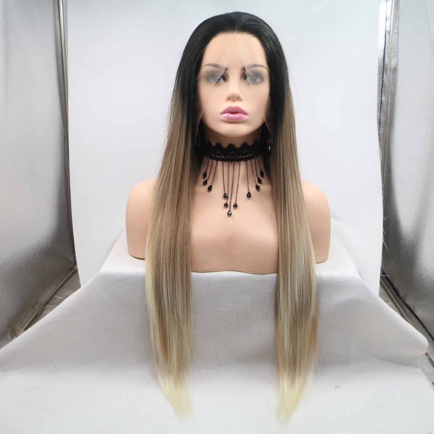 Ombre Brown Long Straight Synthetic Front Lace Wig