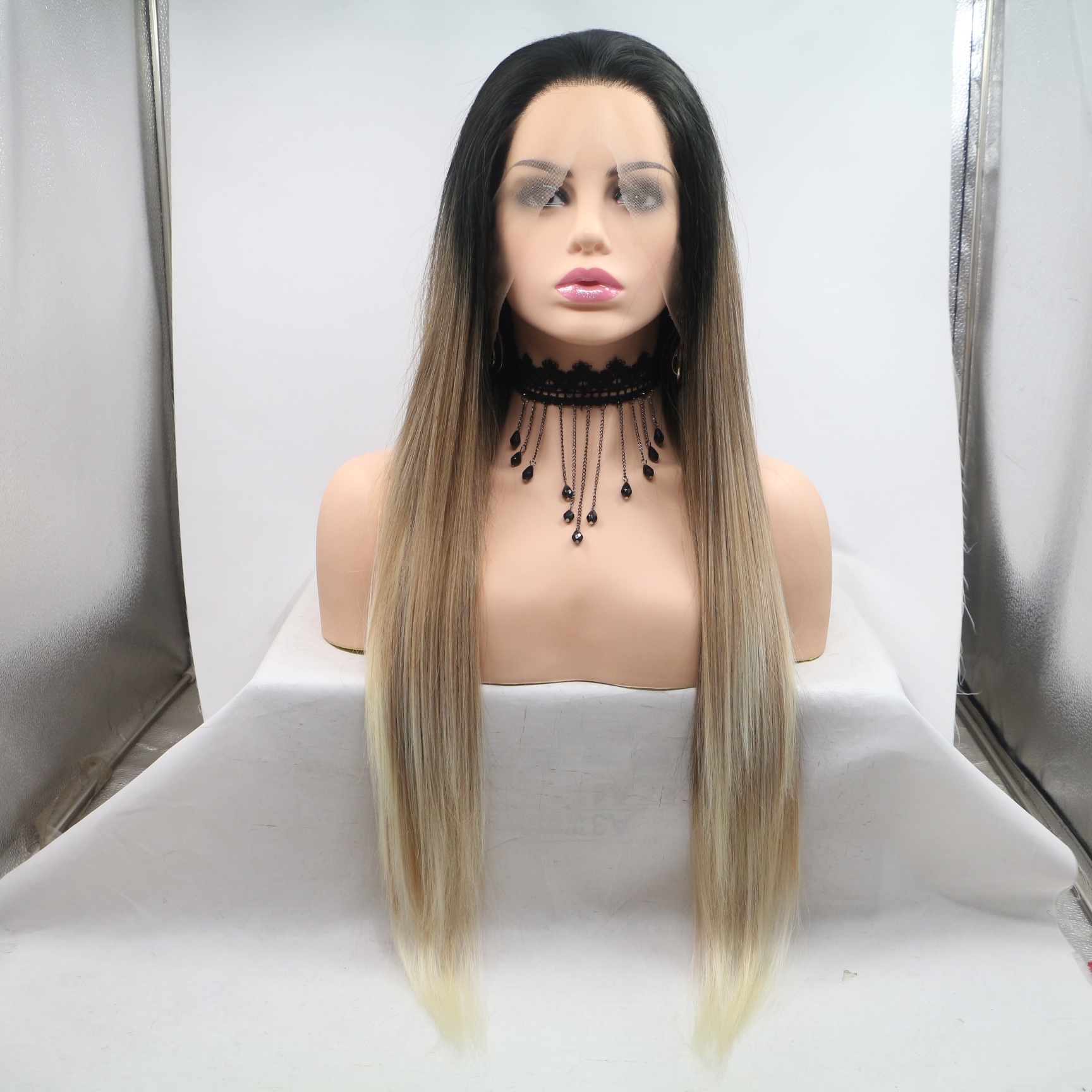 Ombre Brown Long Straight Synthetic Front Lace Wig