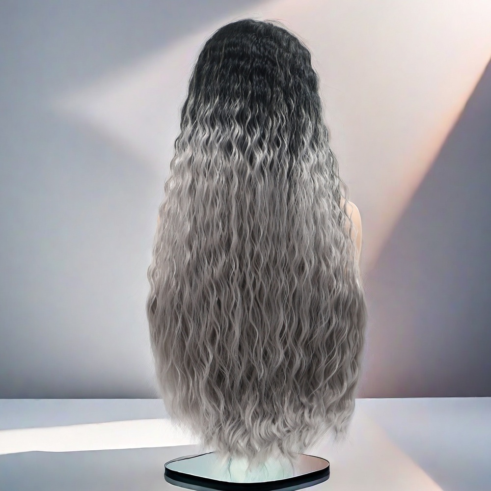 Ombre Grey Long curly Synthetic Front Lace Wig