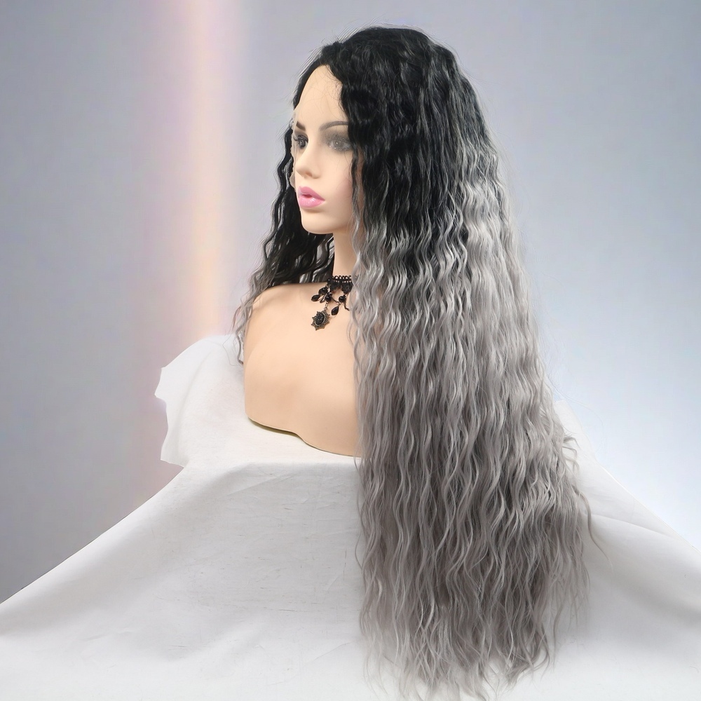 Ombre Grey Long curly Synthetic Front Lace Wig