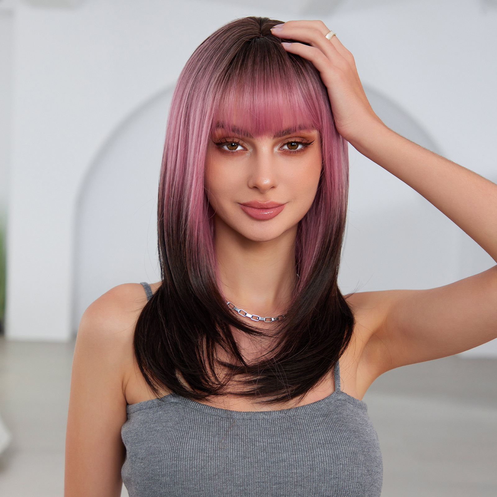Ombre Pink Straight Synthetic Hair Wigs