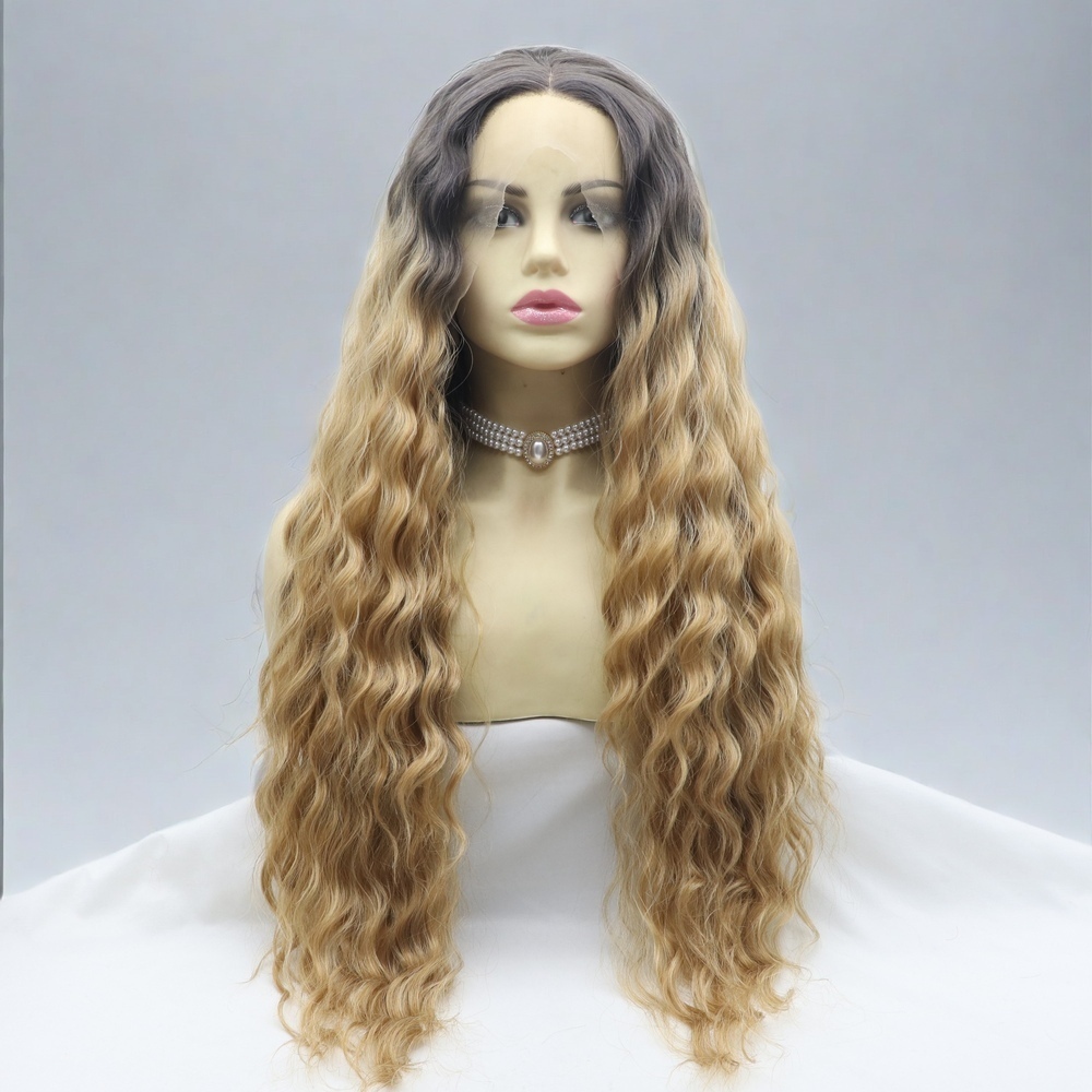 Ombre Brown Long curly Synthetic Front Lace Wig