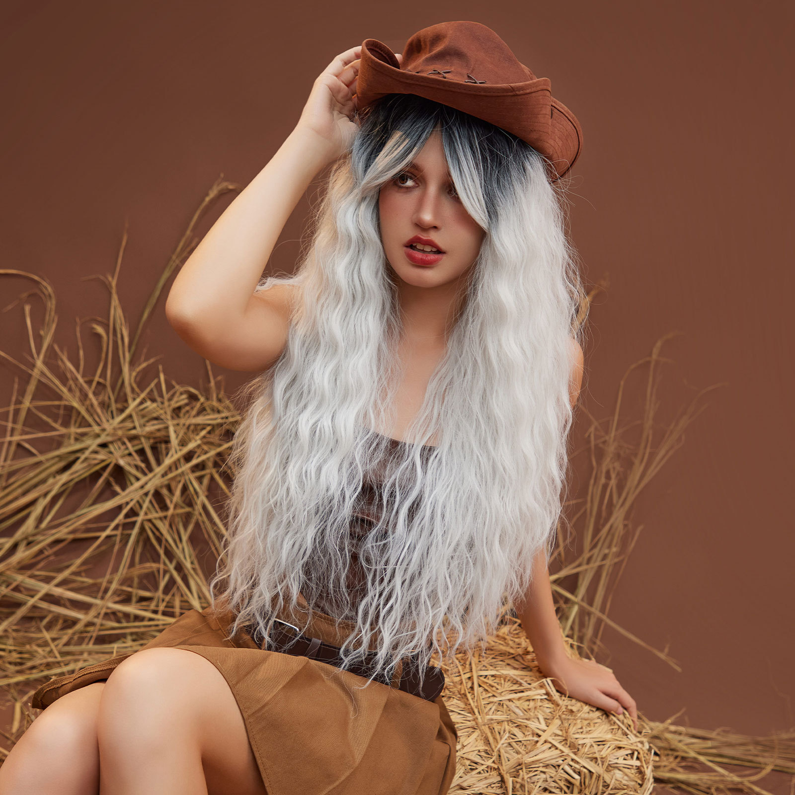 Ombre Grey White Curly Synthetic Wig