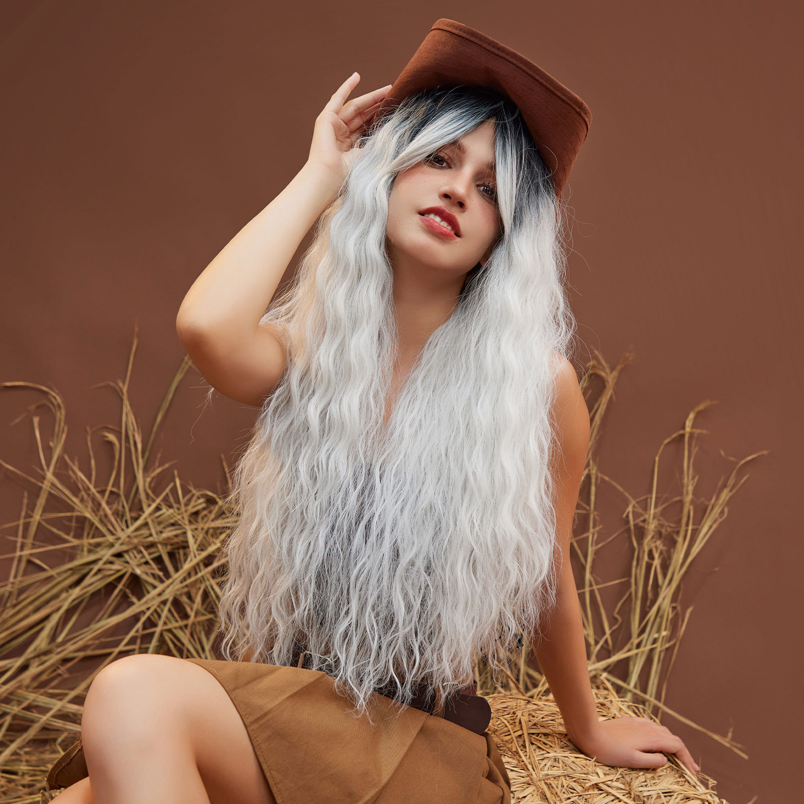 Ombre Grey White Curly Synthetic Wig