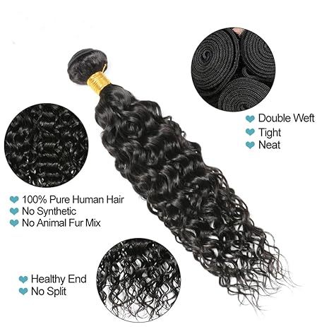 Human Hair Water Wave Hair Extensions and Free Part (16 18 20 22+14) Natural Black