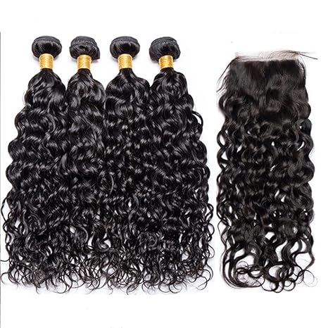 Human Hair Water Wave Hair Extensions and Free Part (16 18 20 22+14) Natural Black