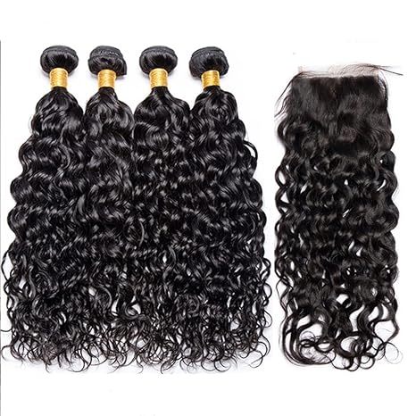 Human Hair Water Wave Hair Extensions and Free Part (16 18 20 22+14) Natural Black