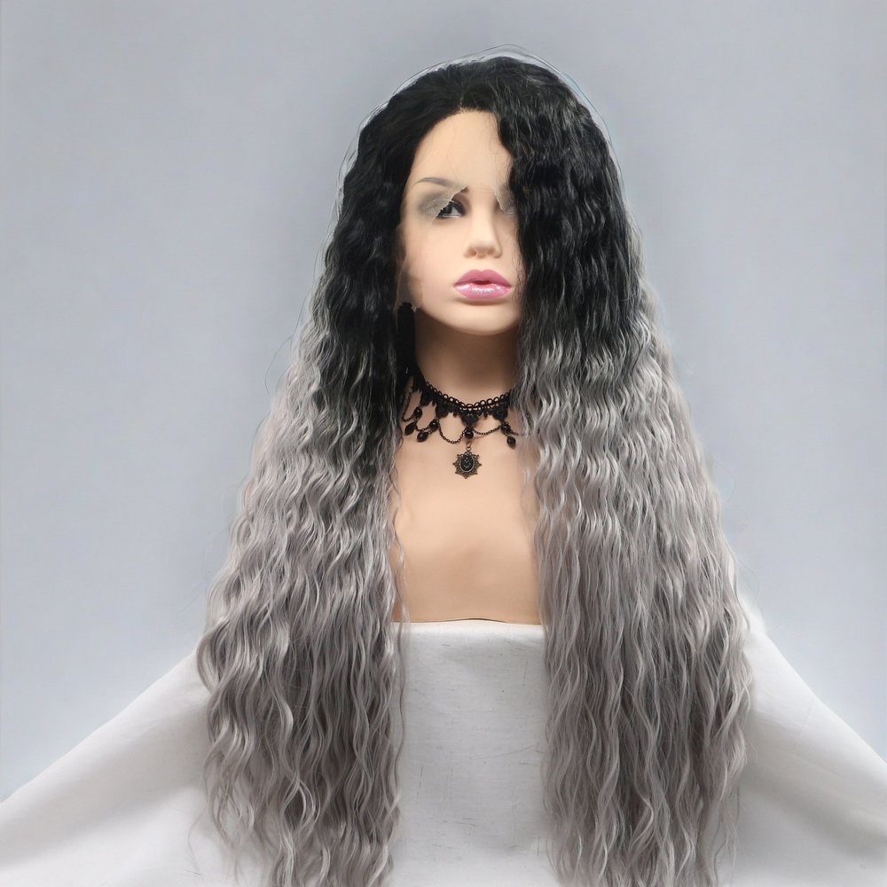 Ombre Grey Long curly Synthetic Front Lace Wig