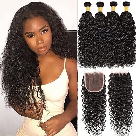 Human Hair Water Wave Hair Extensions and Free Part (16 18 20 22+14) Natural Black