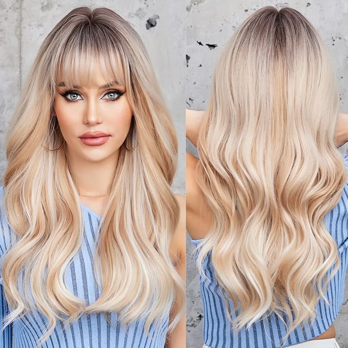 Long Blonde Mixed White Wave  Synthetic Wig 