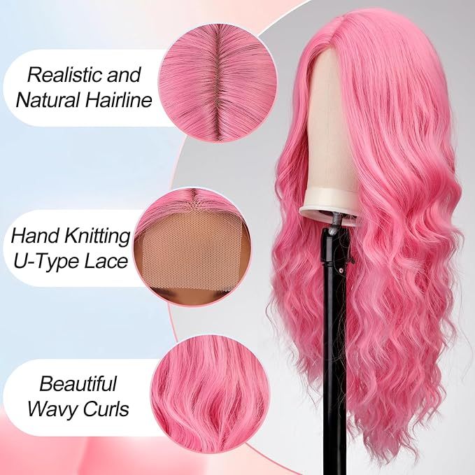 Pink Wavy Synthetic Wigs