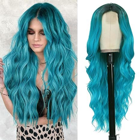 Ombre Bluish Green Wavy Synthetic Wig 