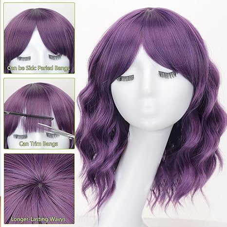  Purple Synthetic Wavy Curly Bob Wig 