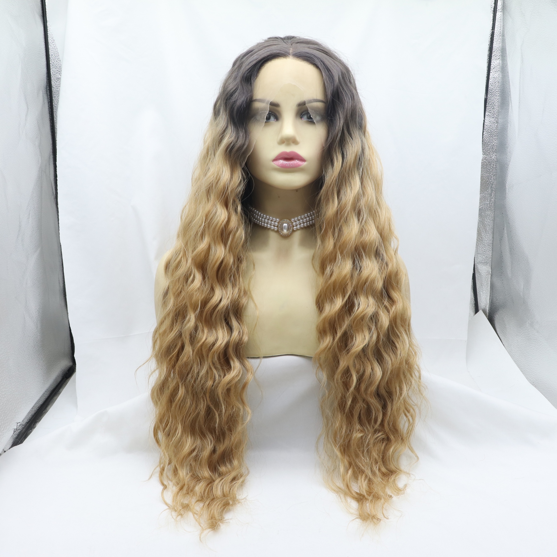 Ombre Brown Long curly Synthetic Front Lace Wig
