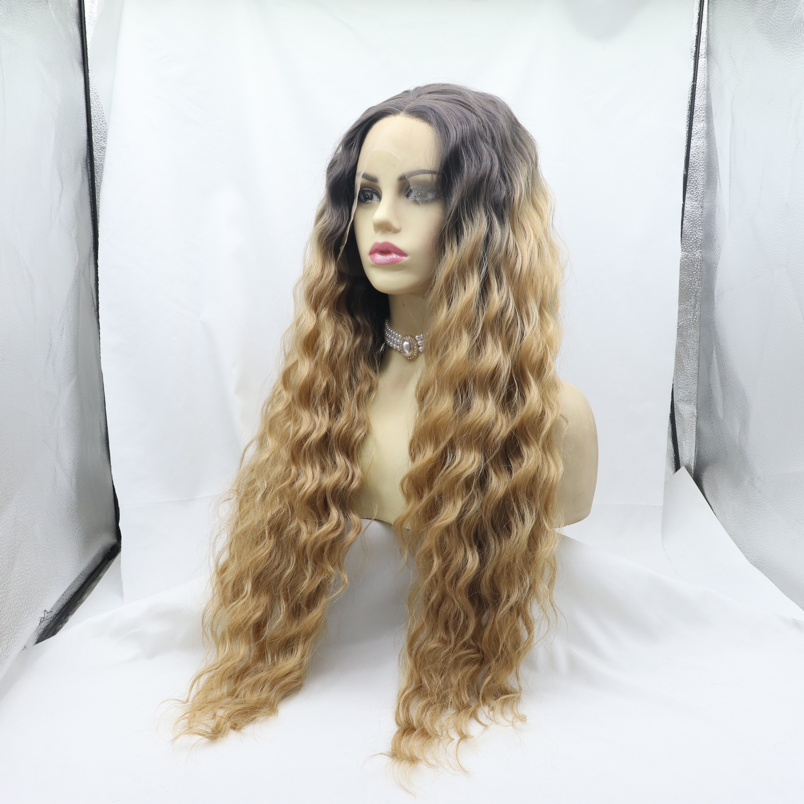 Ombre Brown Long curly Synthetic Front Lace Wig