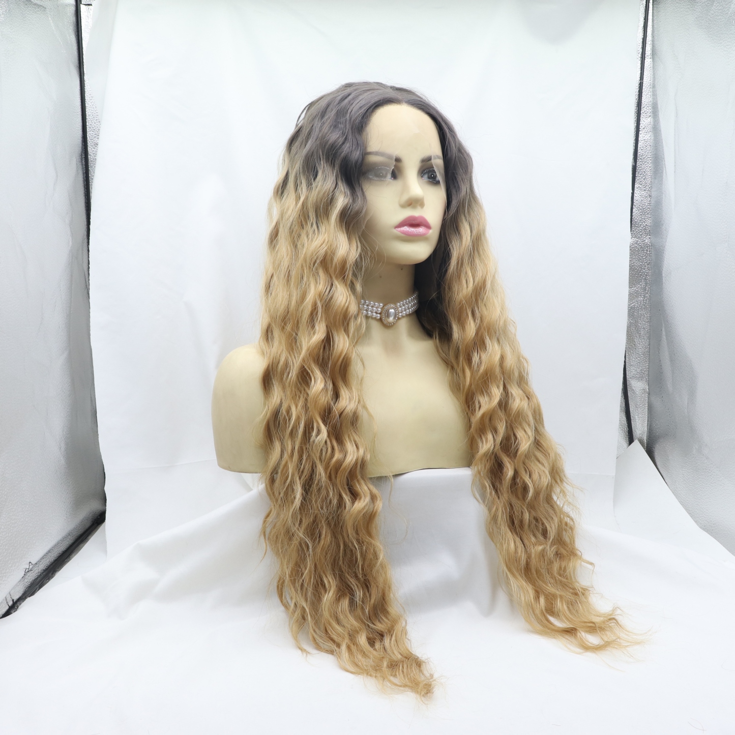 Ombre Brown Long curly Synthetic Front Lace Wig