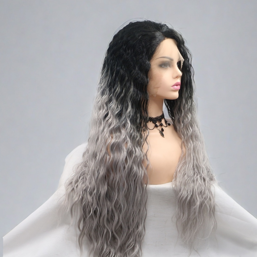 Ombre Grey Long curly Synthetic Front Lace Wig