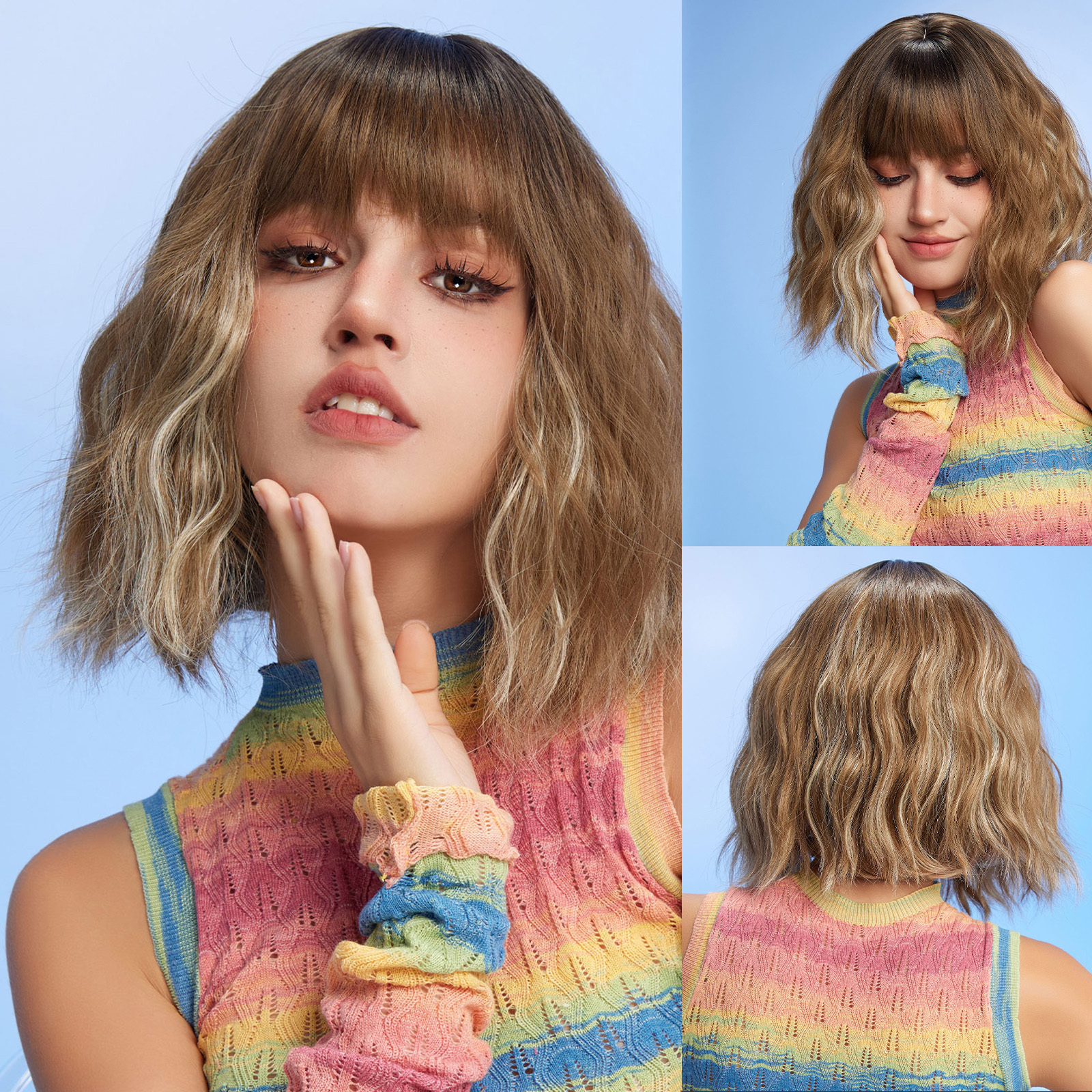 ombre blonde bob curly synthetic wigs