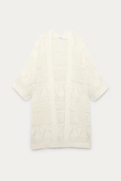 Long gilet kimono au crochet - Ecru