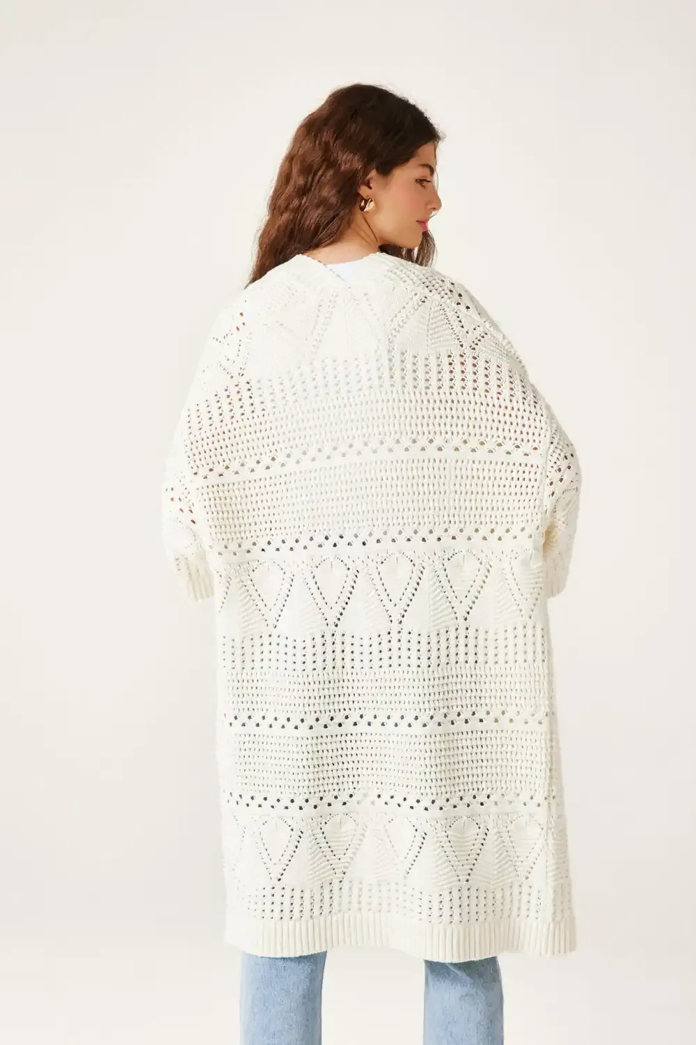 Long gilet kimono au crochet - Ecru