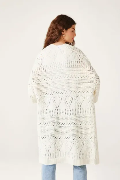 Long gilet kimono au crochet - Ecru