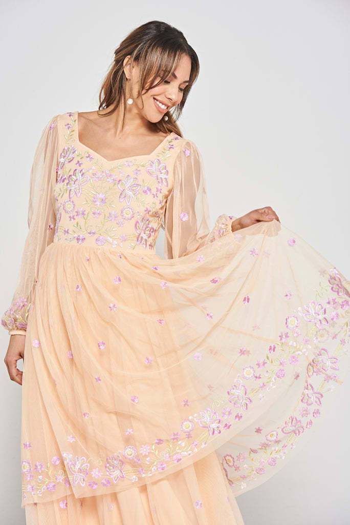 Almond Floral Embroidered Maxi Dress