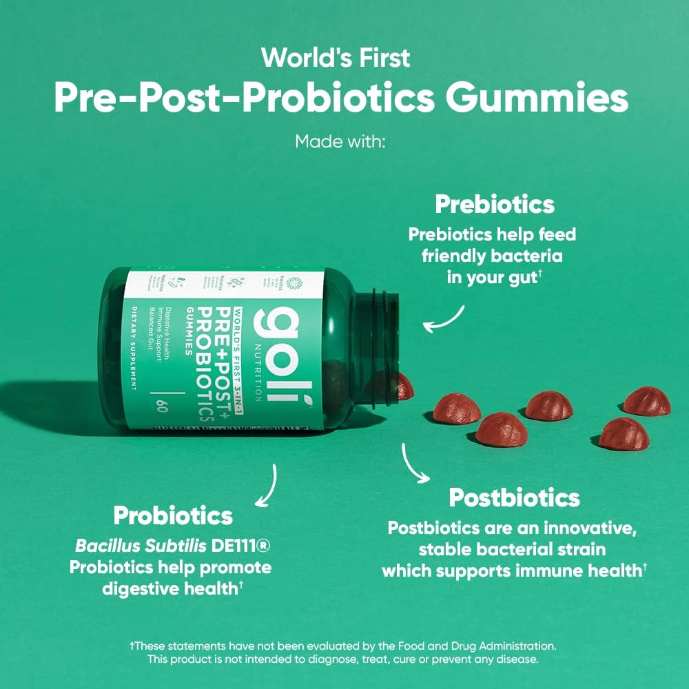  Goli Nutritional Supplement, Pre+Post+Probiotics Gummy - 60 Count - World's First 3-in-1 Gluten-Free, Vegan, Non-GMO, and Gelatin-Free