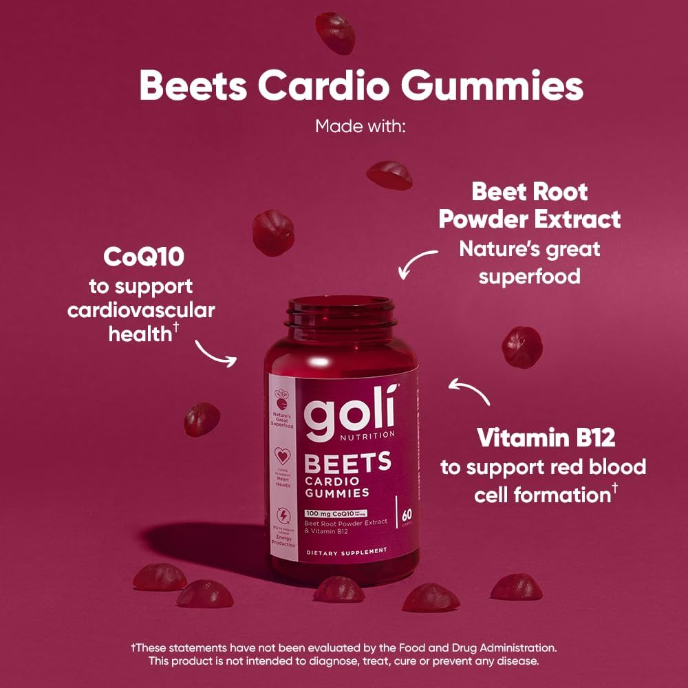 Goli Nutritional Supplement, Beets Cardio Gummy - 60 Count - 100mg CoQ10 & Beet Root Extract - Gluten-Free, Vegan, Non-GMO, and Gelatin-Free. Nature's Great Superfood