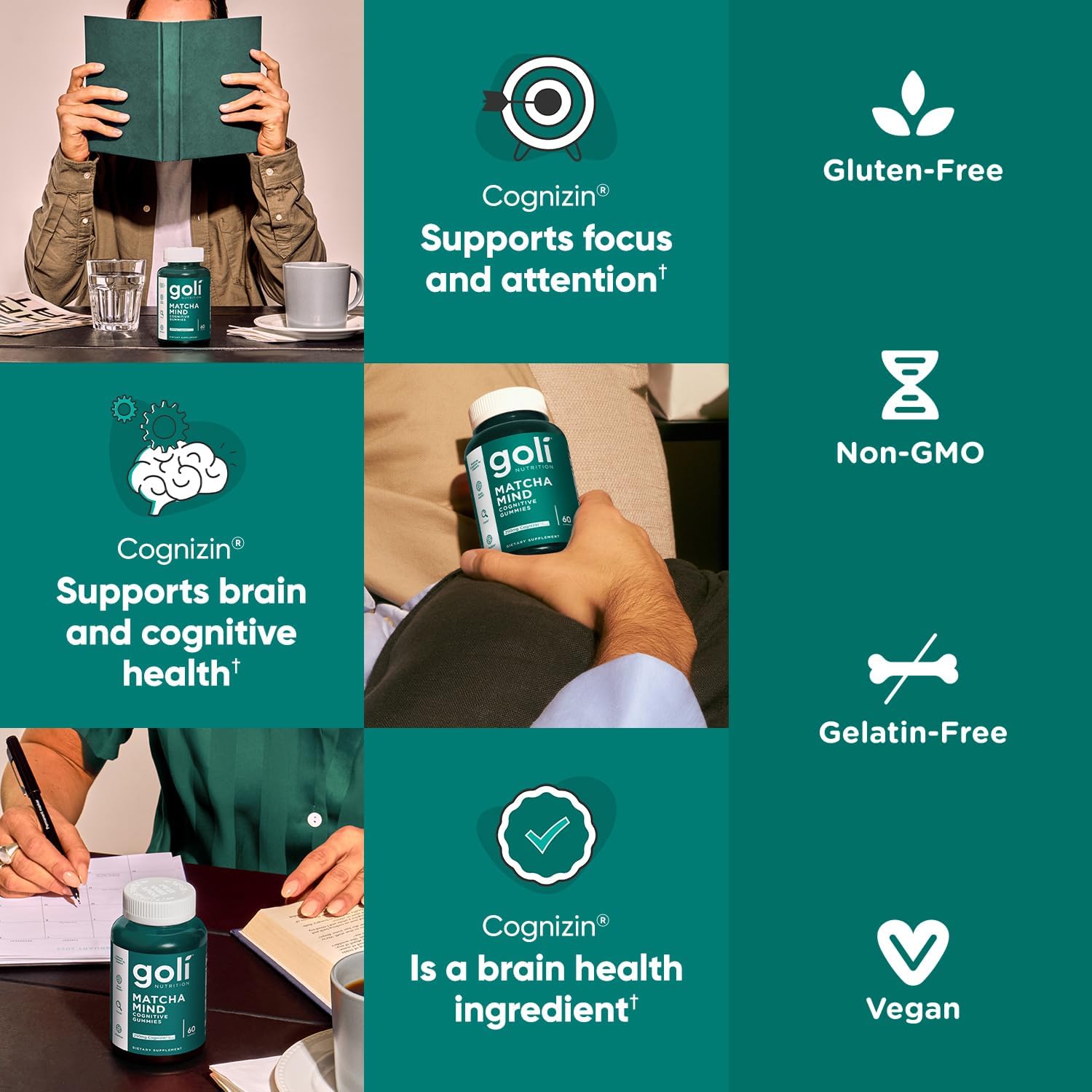 Goli Matcha Mind Gummies - 60 Count - Green Tea Leaves Powder with Cognizin for Focus, Attention and Brain Health, Vegan, Non-GMO, Gluten-Free & Gelatin Free