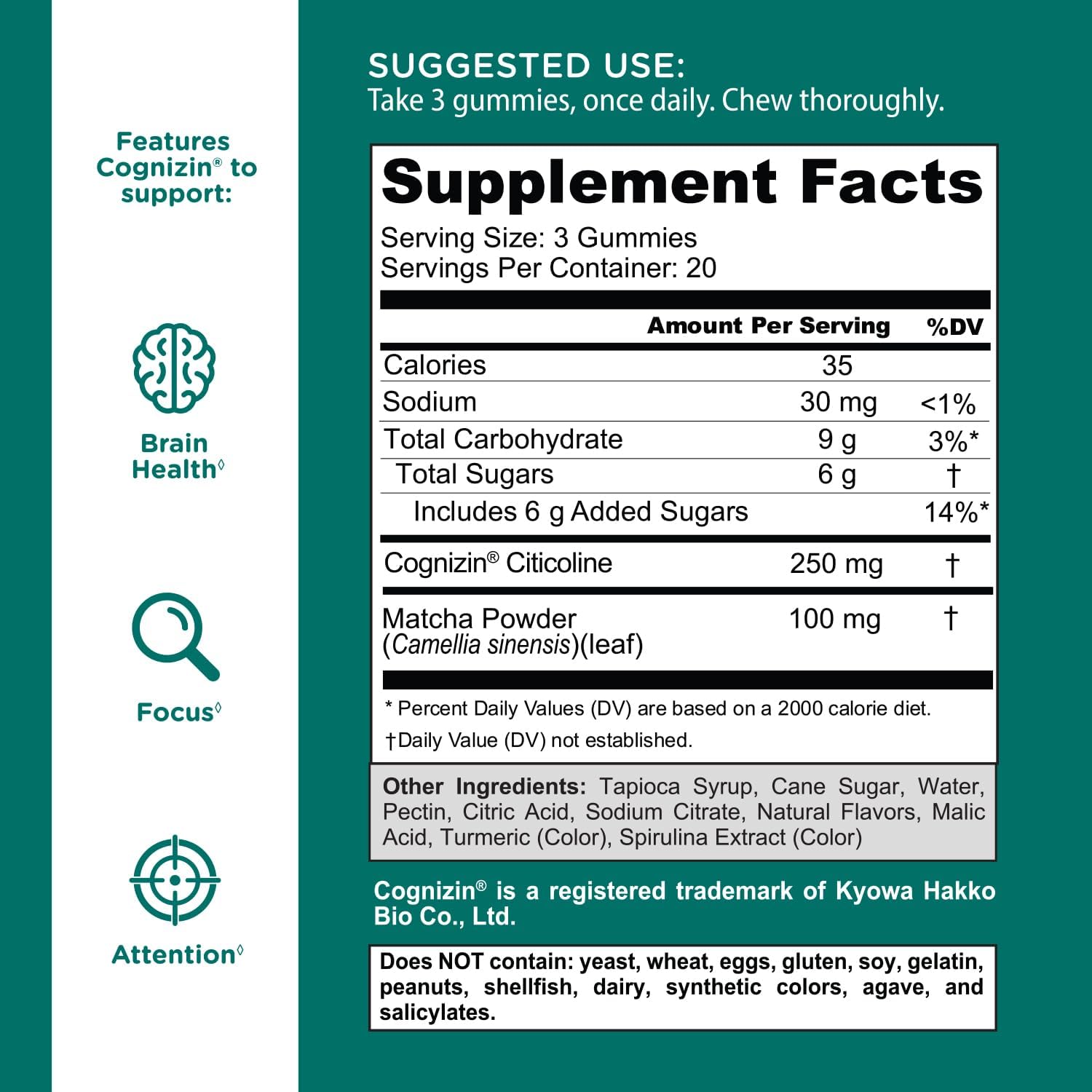 Goli Matcha Mind Gummies - 60 Count - Green Tea Leaves Powder with Cognizin for Focus, Attention and Brain Health, Vegan, Non-GMO, Gluten-Free & Gelatin Free