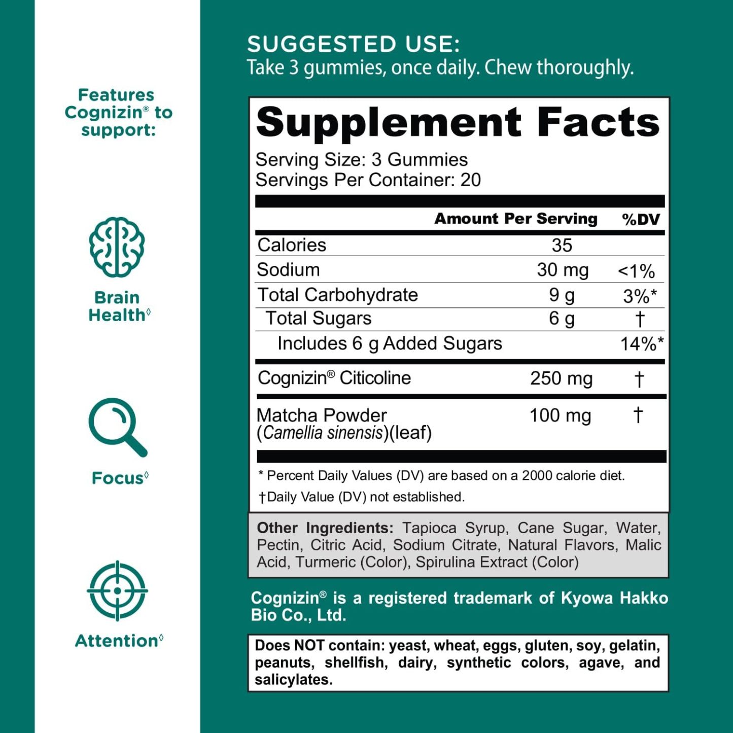 Goli Matcha Mind Gummies - 60 Count - Green Tea Leaves Powder with Cognizin for Focus, Attention and Brain Health, Vegan, Non-GMO, Gluten-Free & Gelatin Free