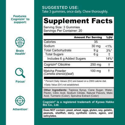 Goli Matcha Mind Gummies - 60 Count - Green Tea Leaves Powder with Cognizin for Focus, Attention and Brain Health, Vegan, Non-GMO, Gluten-Free & Gelatin Free