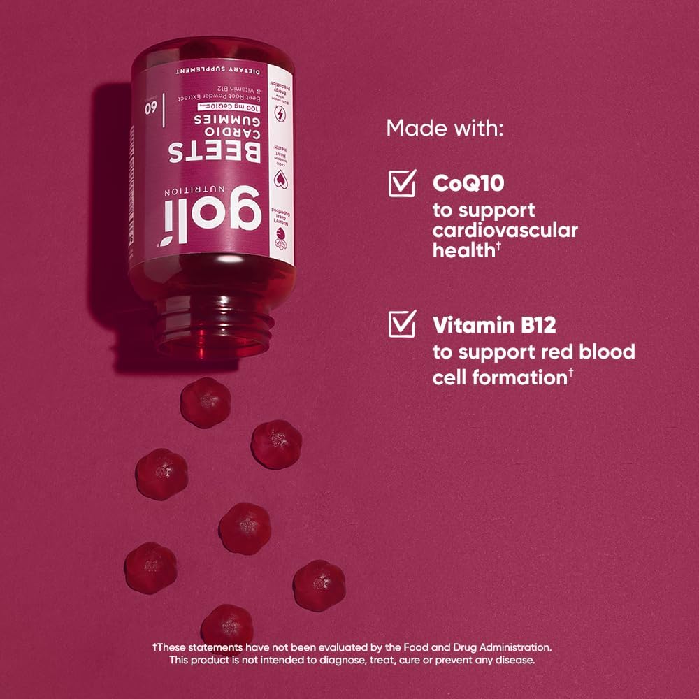 Goli Nutritional Supplement, Beets Cardio Gummy - 60 Count - 100mg CoQ10 & Beet Root Extract - Gluten-Free, Vegan, Non-GMO, and Gelatin-Free. Nature's Great Superfood