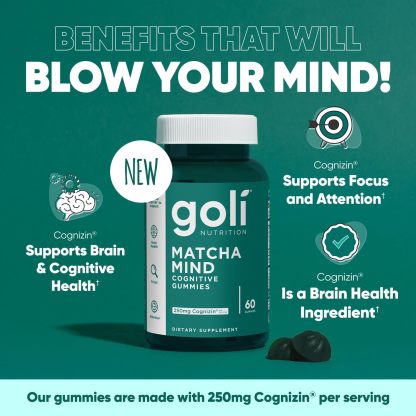 Goli Matcha Mind Gummies - 60 Count - Green Tea Leaves Powder with Cognizin for Focus, Attention and Brain Health, Vegan, Non-GMO, Gluten-Free & Gelatin Free