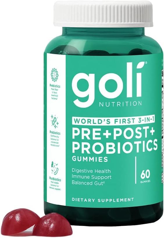  Goli Nutritional Supplement, Pre+Post+Probiotics Gummy - 60 Count - World's First 3-in-1 Gluten-Free, Vegan, Non-GMO, and Gelatin-Free
