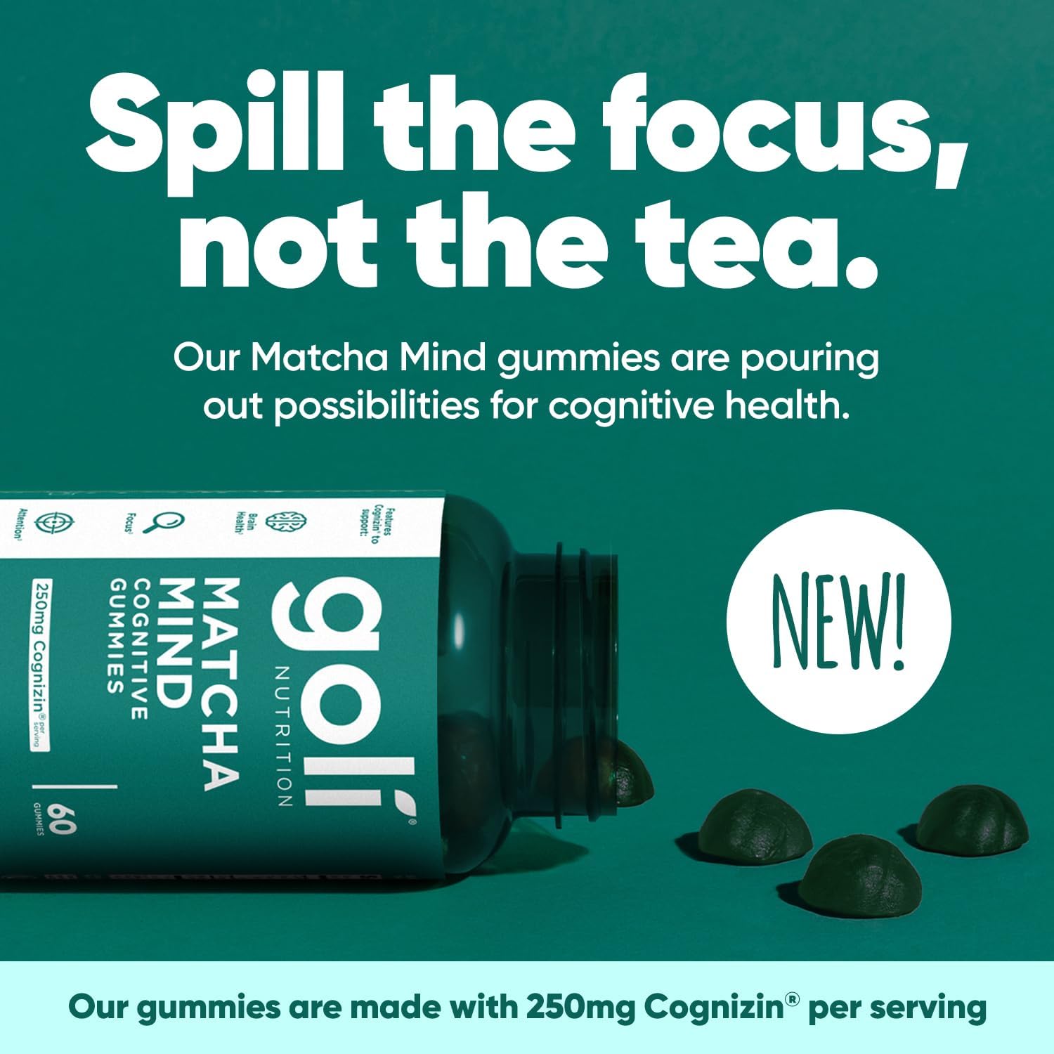 Goli Matcha Mind Gummies - 60 Count - Green Tea Leaves Powder with Cognizin for Focus, Attention and Brain Health, Vegan, Non-GMO, Gluten-Free & Gelatin Free